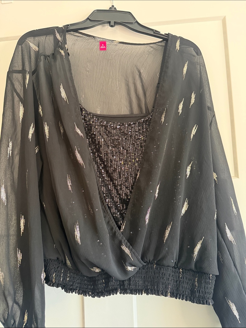 Vince Camuto Black Sheer Wrap Blouse with Silver Metallic Accents